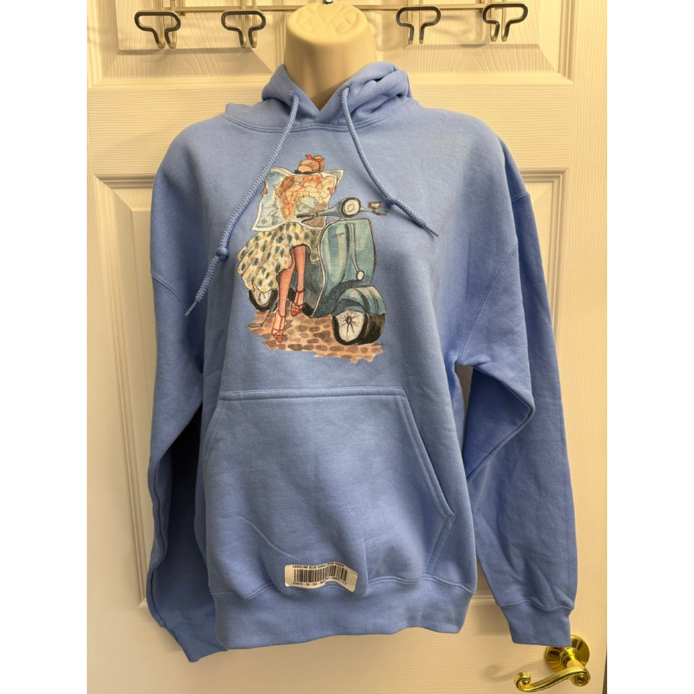 NWT's Gildan hoodie with vintage retro looking girl on scooter holding map sz M